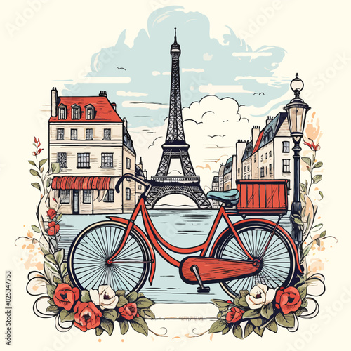 I love Paris. Image of the Eiffel Tower. Sticker with the Eiffel Tower. Paris in the background. France retro style drawings.