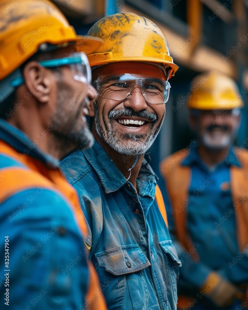 A group of construction workers are working on a building. They are wearing hard hats and safety glasses. They are smiling and look happy to be working together. A group of construction workers are working on a building. They are wearing hard hats and safety glasses. They are smiling and look happy to be working together.