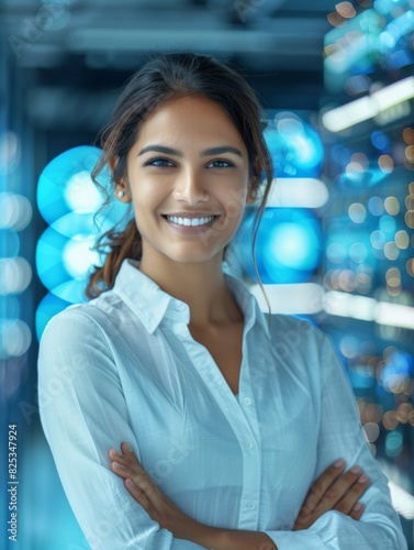 Confident Young Indian Female Data Analyst Celebrating International Data Center Day in a High-Tech Facility
