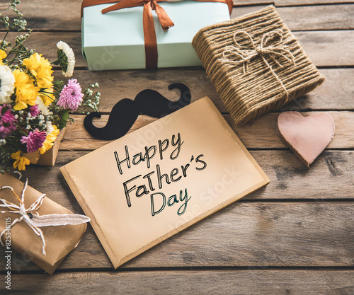 A charmingly decorated, distressed wooden table holds a heartfelt 'Happy Father's Day' letter, surrounded by blooming bouquets of flowers and gifts.