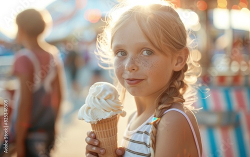 Young Girl Enjoying Ice Cream at Summer Fair Evening - Sunset Glow  Carnival Rides Background  Whimsical Childhood Scene