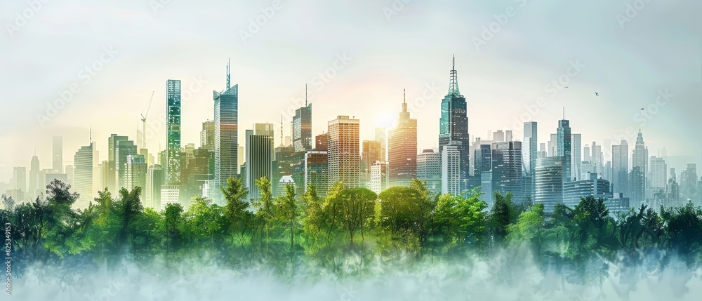 Sustainable city with skyscrapers and greenery, modern ecofriendly metropolis, urban development and nature balance, green architecture, cityscape