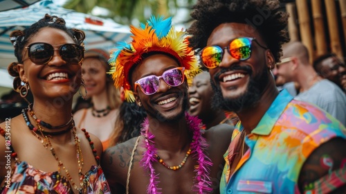 Vibrant Carnival Celebration with Joyful Friends in Colorful Costumes and Sunglasses. Generative ai