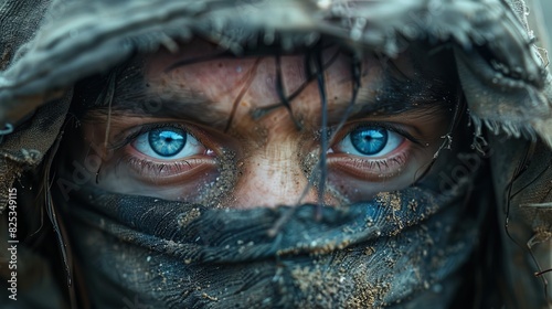 A man with blue eyes is wearing a black scarf