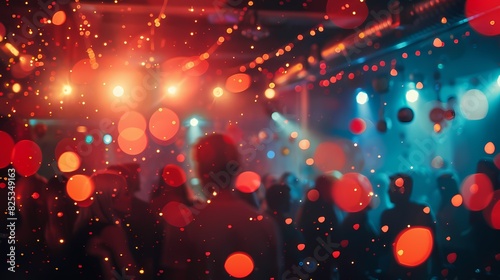 A lively scene of a nightclub, with a defocused backdrop of twinkling particles