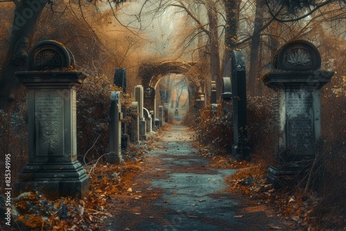 Serene and mysterious pathway through the ancient and weathered graveyard during the nostalgic and melancholy autumn season  surrounded by tombstones  mossy headstones  and eerie atmosphere