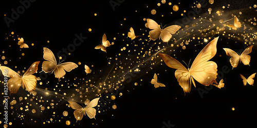Golden butterflies against a black background. Simple illustration with a delicate texture, and sparkling light effect,concept of invitations and postcards,promotional materials,packaging design