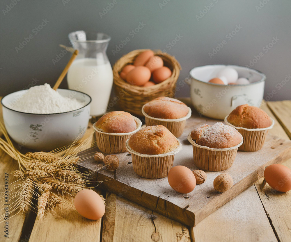 In a rustic wooden table lie cupcakes surrounded by cups of flour, wheat branches, nuts, eggs, and fresh milk. In a rustic wooden table lie cupcakes surrounded by cups of flour, wheat branches, nuts, eggs, and fresh milk.
