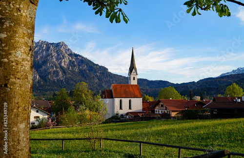 a scenic alpine view with lush green alpine meadows and an old church in the alpine village Schwangau in the Bavarian Alps on a spring evening (Allgaeu, Bavaria, Germany)	