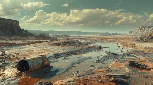 A desolate desert landscape with a large piece of trash floating in a river