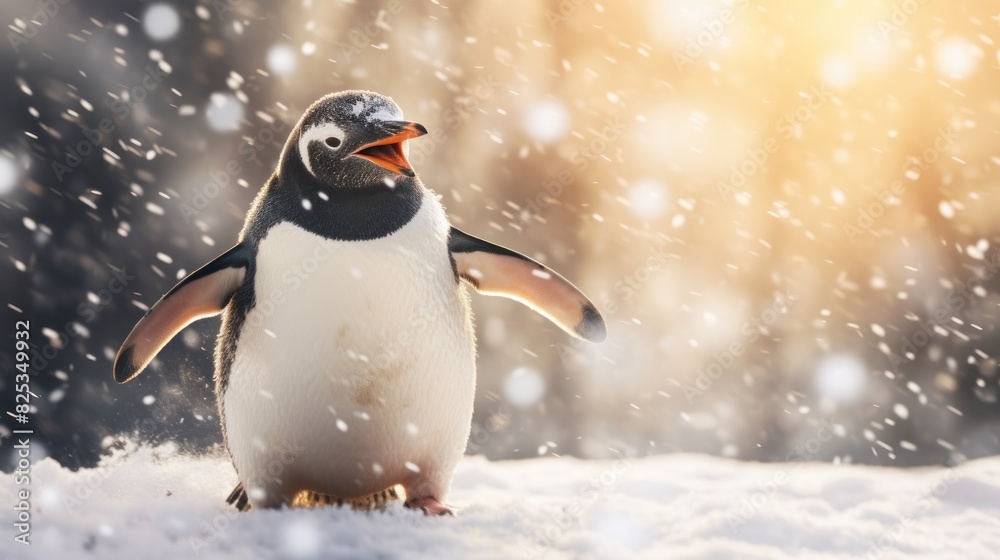 Happy penguin rejoices in first snow. Happy penguin rejoices in first snow.