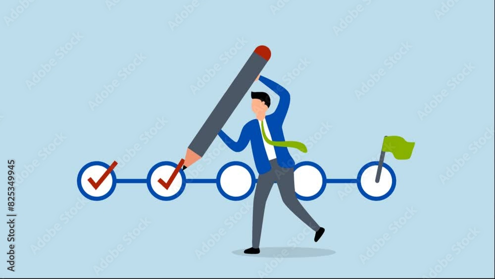 Project tracking, 4k animation of businessman project manager with a big pen to check completed tasks on a project management timeline.