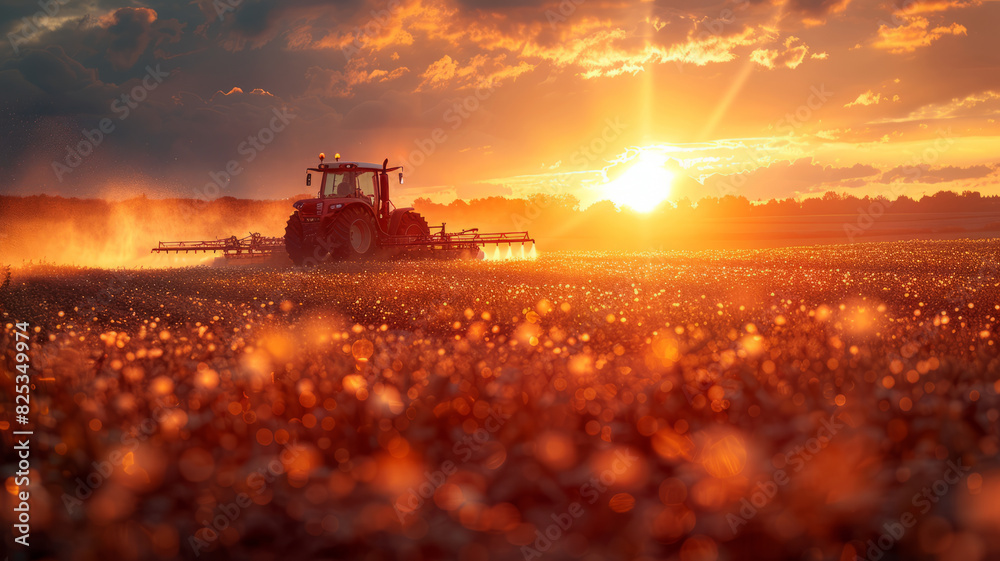 Fototapeta premium Irrigation tractor at sunset, showcasing tech role in modern agriculture and food sustainability,generative ai