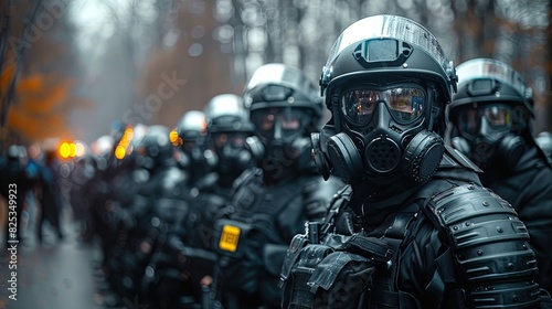 A group of police officers wearing gas masks and helmets stand in a line photo