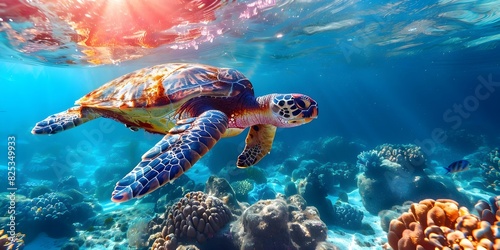 A sea turtle glides gracefully through crystal waters its skin glistening in sunlight. Concept Marine life, Ocean, Sea turtles, Sunlight, Nature photography