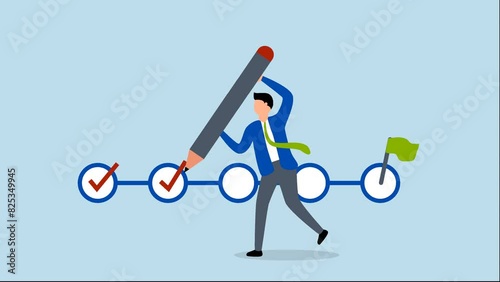 Project tracking, 4k animation of businessman project manager with a big pen to check completed tasks on a project management timeline.