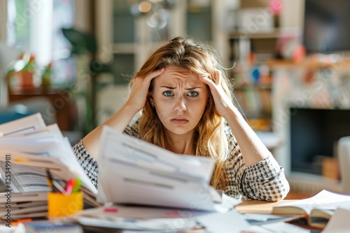 A woman overwhelmed, surrounded by paperwork, home office, stressed look, modern interior, highquality image, workfromhome theme, stock photo