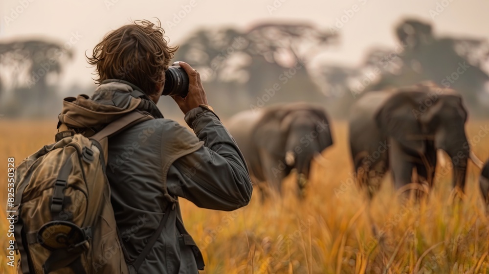 A man is taking a picture of elephants in the wild