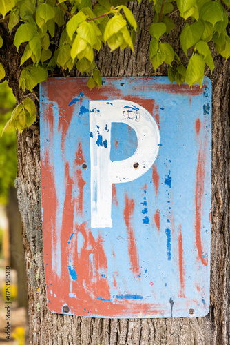Old parking sign P on aged blue background on tree
