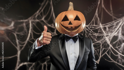 kürbis, kopf, neu, thumb, up, anzug, smoking, copy space, hintergrund, halloween, close up, spinnen, design, abstrakt, spinnennetz, minimal, reklame, ad, werbung, poster, schiefer, board, atelier, rot