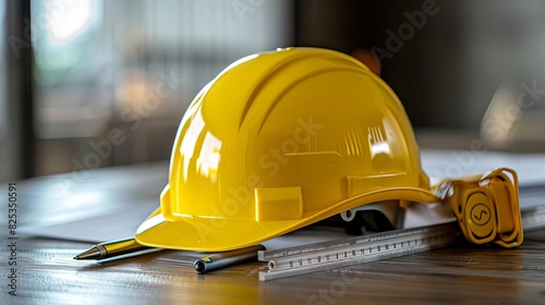 Yellow hard safety helmet hat and the blueprint, pen, ruler, protractor, and tape measure on the table at the construction sitefor safety project of workman as engineer or worker photo