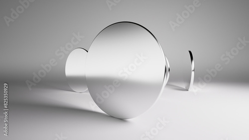 Abstract modern minimal background with silver round mirrored lenses. Contrasting shadows and caustics. 3d rendering.