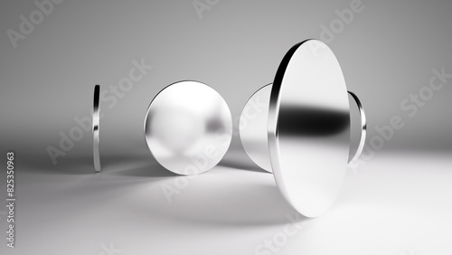 3d render. Abstract minimalist background with shiny silver geometric shapes. Round mirrors inside the empty white room, casting shadows under the studio lights. Modern wallpaper monochrome scene