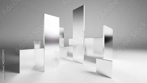Silver mirrored blocks with contrasting shadows and caustics. Simple square shapes over white background. 3d rendering.