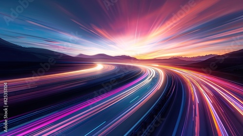 A long exposure photo of light trails on the highway at sunset, with vibrant colors and motion blur creating an abstract and dynamic composition. 