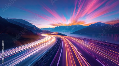 A long exposure photo of light trails on the highway at sunset, with vibrant colors and motion blur creating an abstract and dynamic composition. 