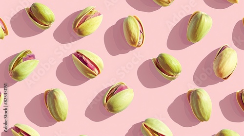 Background, patterned pistachios on pink background, studio shoot, flash light.