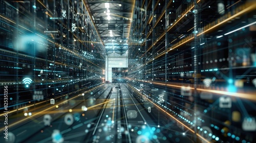 Black background, warehouse with digital connections and icons representing global trade and business technology in the foreground. Double exposure photography with motion blur.