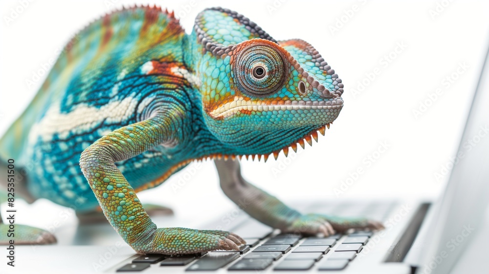 Obraz premium Chameleon using laptop on white background in studio.