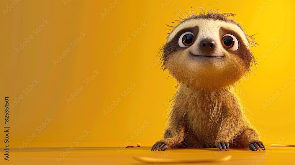 3d illustration, an adorable sloth on a yellow background, cartton style. 3d illustration, an adorable sloth on a yellow background, cartton style.