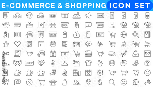 E-Commerce set of web icons in line style. .Online shopping icons for web and mobile app. .Business, mobile shop, digital marketing, bank card, .gifts, sale, delivery. .Vector illustration