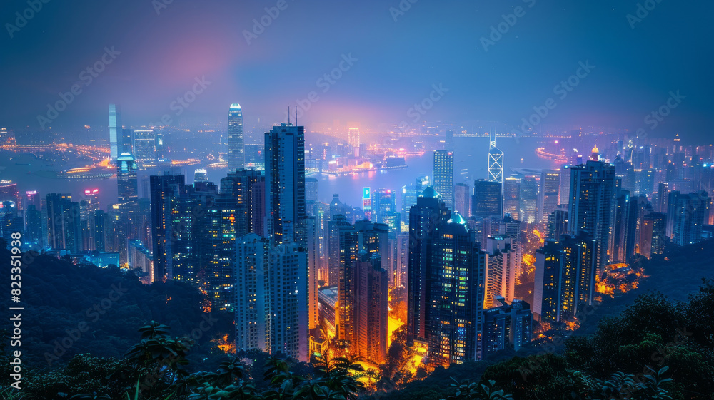 A wide view of the city with many tall buildings at night with spotlights shining on the buildings generative ai A wide view of the city with many tall buildings at night with spotlights shining on the buildings generative ai