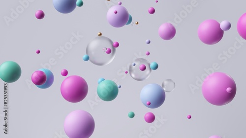 3d rendering, abstract modern wallpaper. Chaotic pink blue and gold plastic balls flying around, levitating bubbles. Multicolored particles