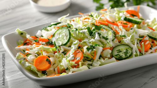 A crisp, refreshing cabbage salad with carrot and cucumber slices, served in a white porcelain bowl with a light dressing drizzle