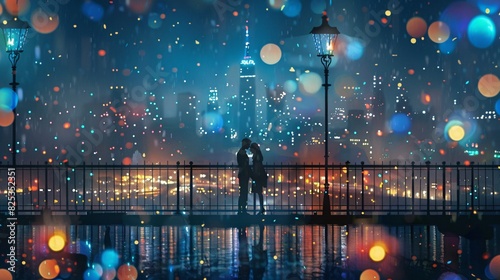 Romantic Couple Embracing on City Bridge at Night with Twinkling Lights in Background