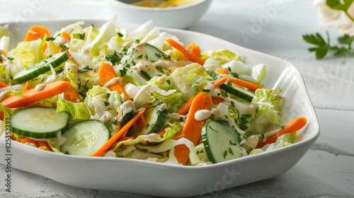 A crisp, refreshing cabbage salad with carrot and cucumber slices, served in a white porcelain bowl with a light dressing drizzle