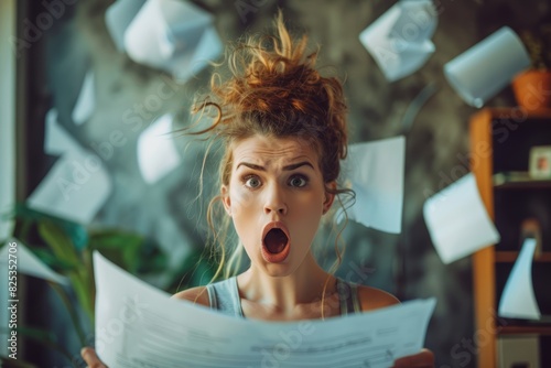 A businesswoman in shock, dropping papers, standing in office, modern interior, dramatic expression, highquality image, isolated elements, commercial use, stock photography photo