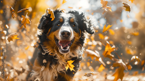 Bernese Mountain Dog amidst falling leaves in autumn park photo
