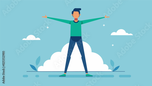 A person standing with their feet shoulderwidth apart and their arms reaching towards the sky promoting improved posture and increased energy.. Vector illustration