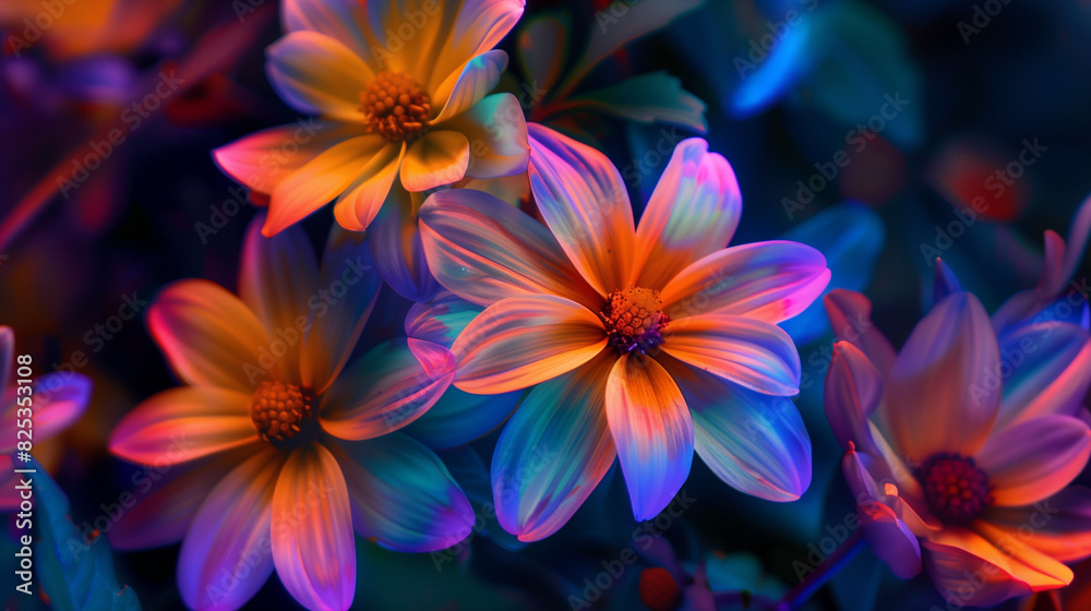 Naklejka premium Neon flowers on blue neon floral background close up