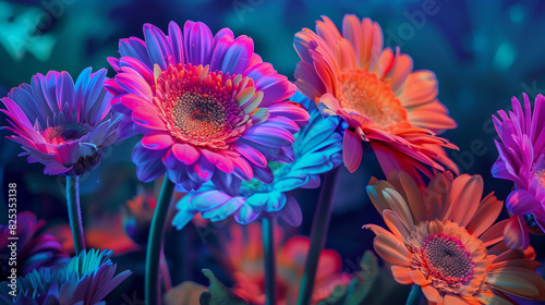 Neon flowers on blue neon floral background close up © Kyuubisa