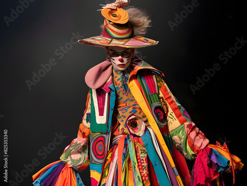 A woman wearing a vibrant dress and hat. ..clowncore circus aesthetic maximalist fashion photo