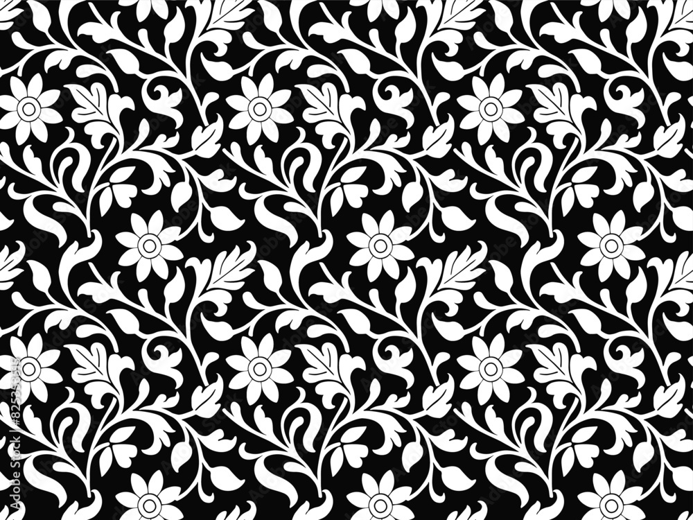 HAND DRAWN MONOCHROME FLORAL PAISLEY SEAMLESS BAROQUE, RENAISSANCE, FLORAL REPEAT PATTERN IN VECTOR