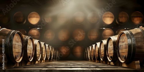 Vintage wooden barrels in a dark wine cellar of a winery. Concept Wine Cellar, Winery, Vintage Decor, Wooden Barrels, Dark Atmosphere photo