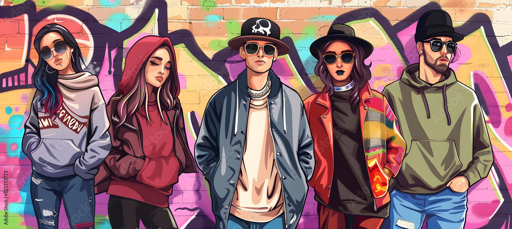 A group of hipsters in trendy attire stands in front of a vibrant graffiti wall