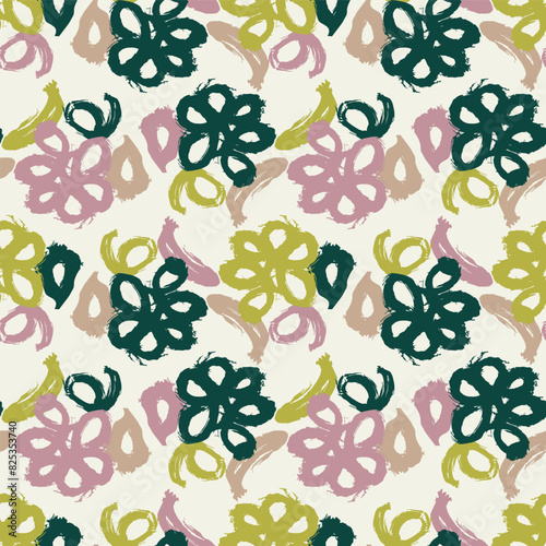 Summer meadow botanical hand drawn vector pattern. Retro fashion garden backdrop for decorative green pink floral seamless swatch. 